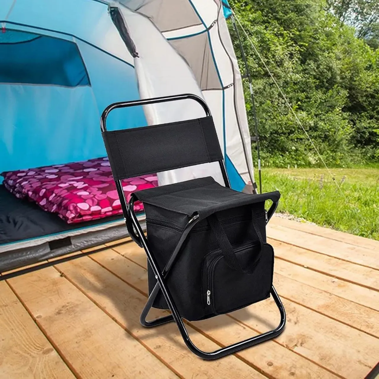 Cadeira Dobrável com Cooler para Camping - Preta