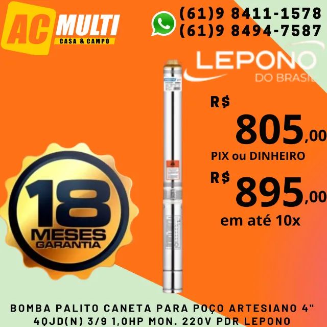 Bomba palito caneta para poço artesiano 4" 4QJD(N) 3/9 1,0HP mon. 220v pdr lepono