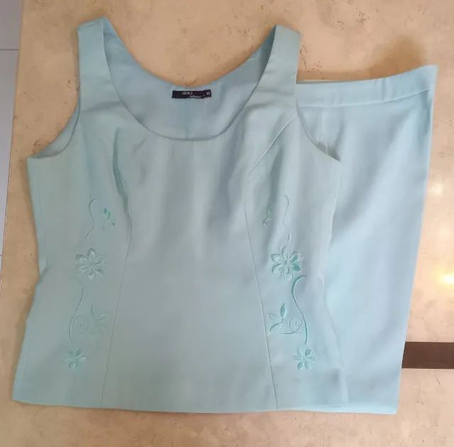 Desapego Conjunto Blusa Bordada Cigarrete Alfaiataria Seiki Azul