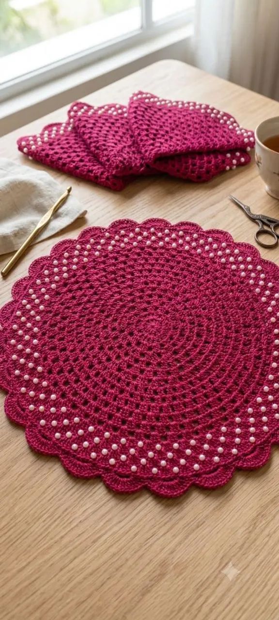 Conjunto 4 peças sousplat crochê com pérolas  - Foto 3