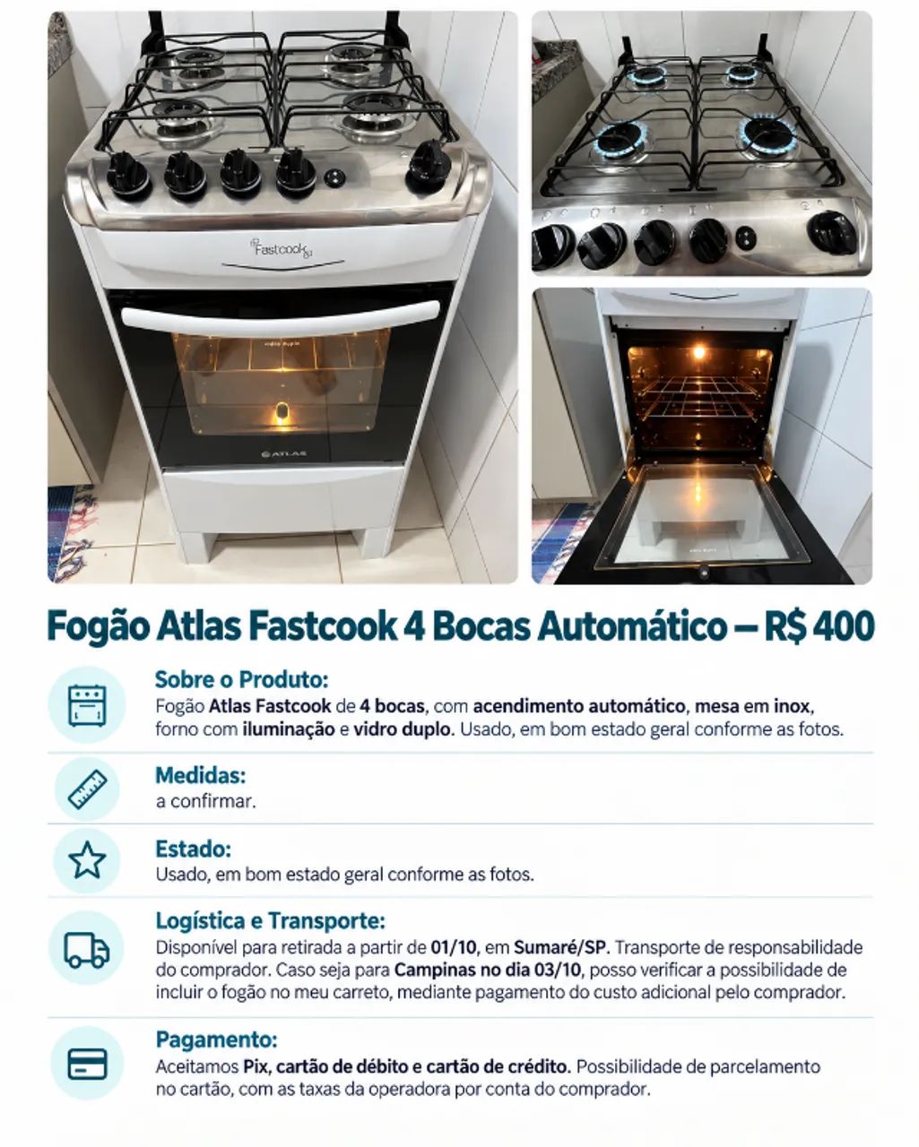 Fogão Atlas Fastcook 4 Bocas Automático