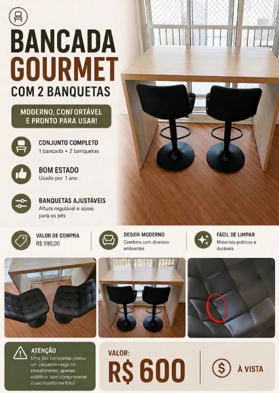 Bancada gourmet com 2 banquetas