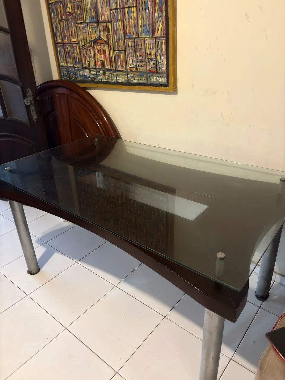 Mesa de Jantar de Vidro e madeira maciça 6 lugares 