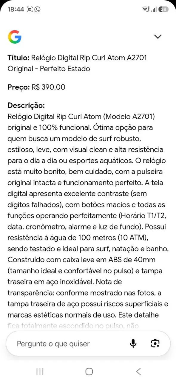 RELÓGIO DIGITAL RIP CURL ATOM A2701 ORIGINAL PERFEITO ESTADO - Foto 5