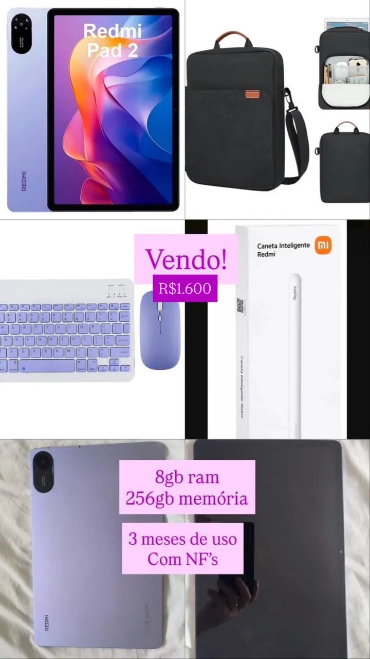 Tablet Redmi Pad 256GB 8GB RAM com Caneta Teclado Mouse e Bolsa Completo