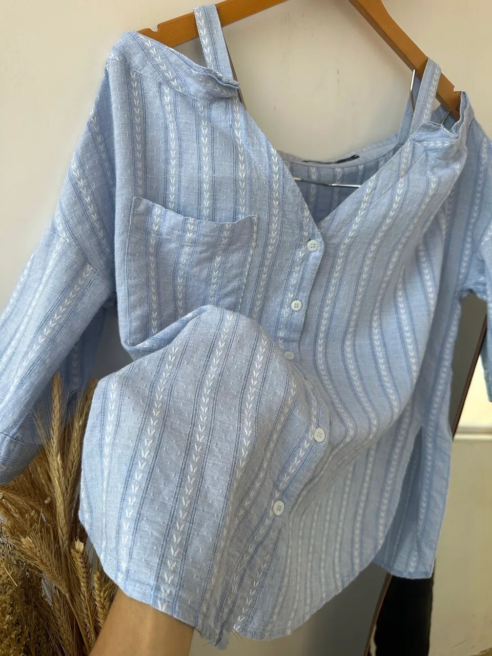 camisa shoulder ombro a ombro azul tam m
