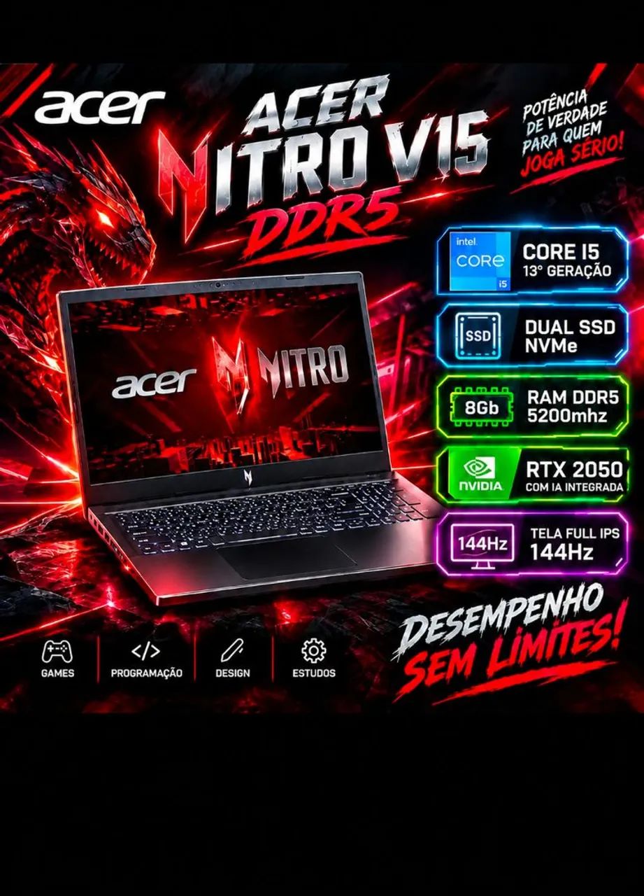Notebook Game Acer V15 Core i5 13° Ger DDR5 RTX (A pronta entrega)