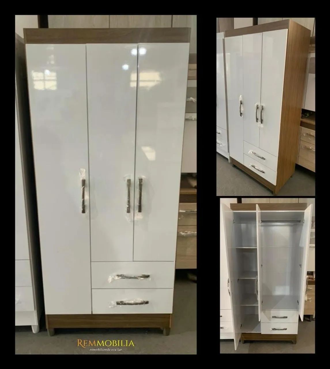 Guarda-Roupa 3 Portas com Gavetas - Branco e Amadeirado - entregamos montado