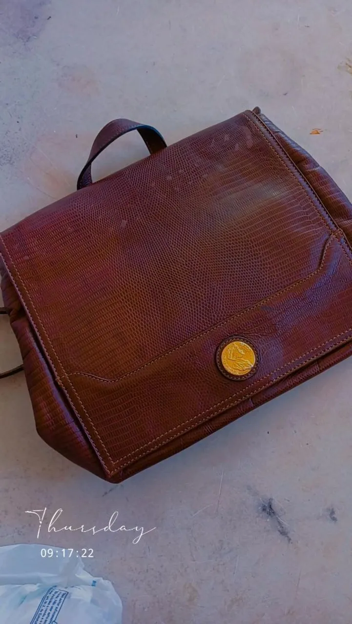 Bolsa de Couro Marrom com Detalhes em Dourado
