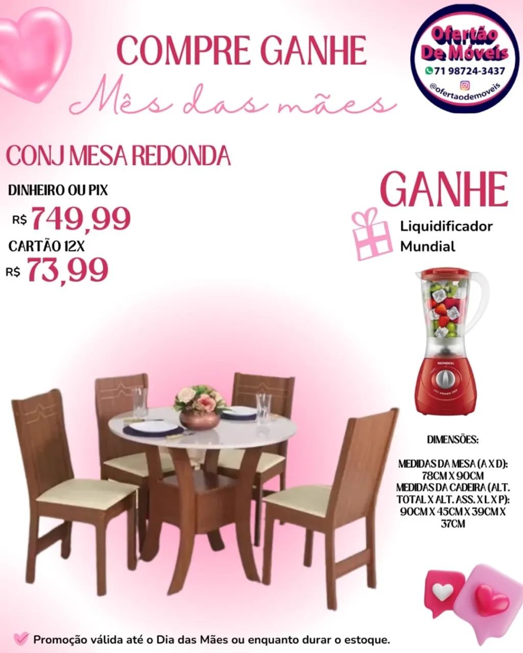 Mesa Redonda 4 Cadeiras - Promoção Dia das Mães