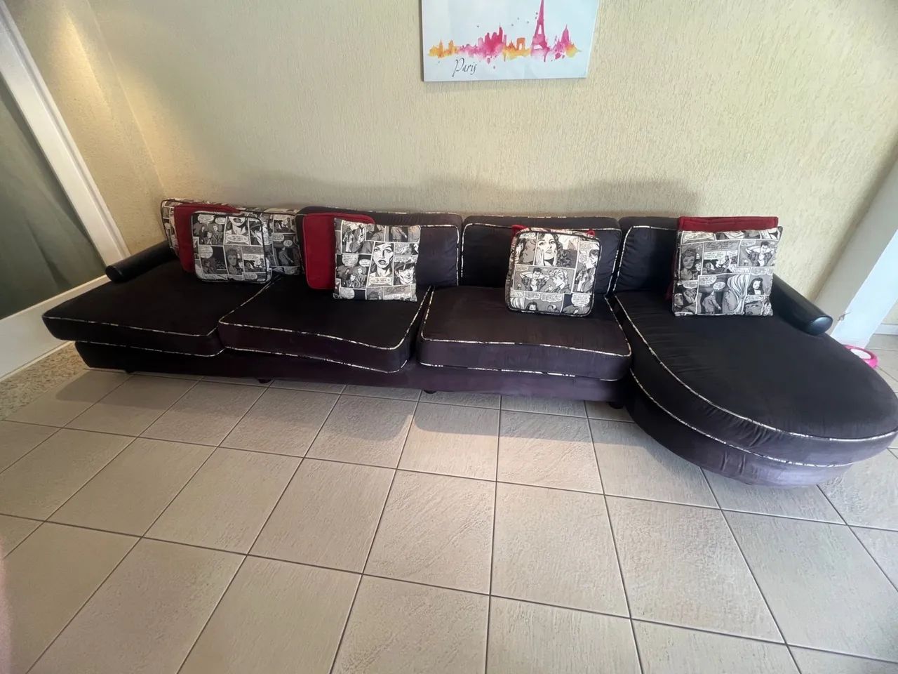 Oportunidade! Lindo Sofá Grande Veludo com Chaise- Confortável