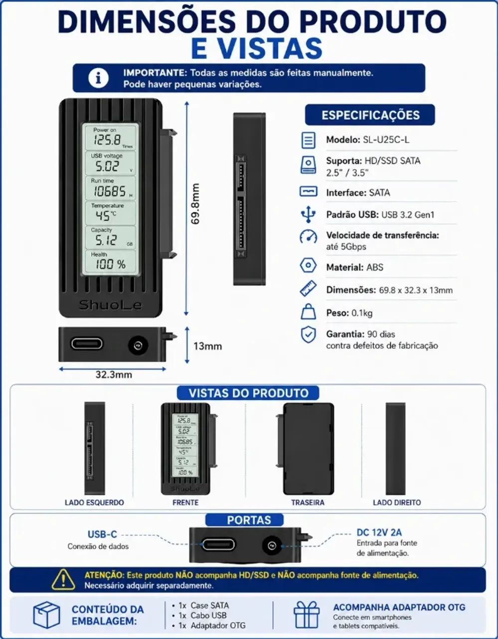 Transforme seu SSD ou HD em Disco Externo - Case Hd/ssd Sata Externo Com Display Digital443790333932349443