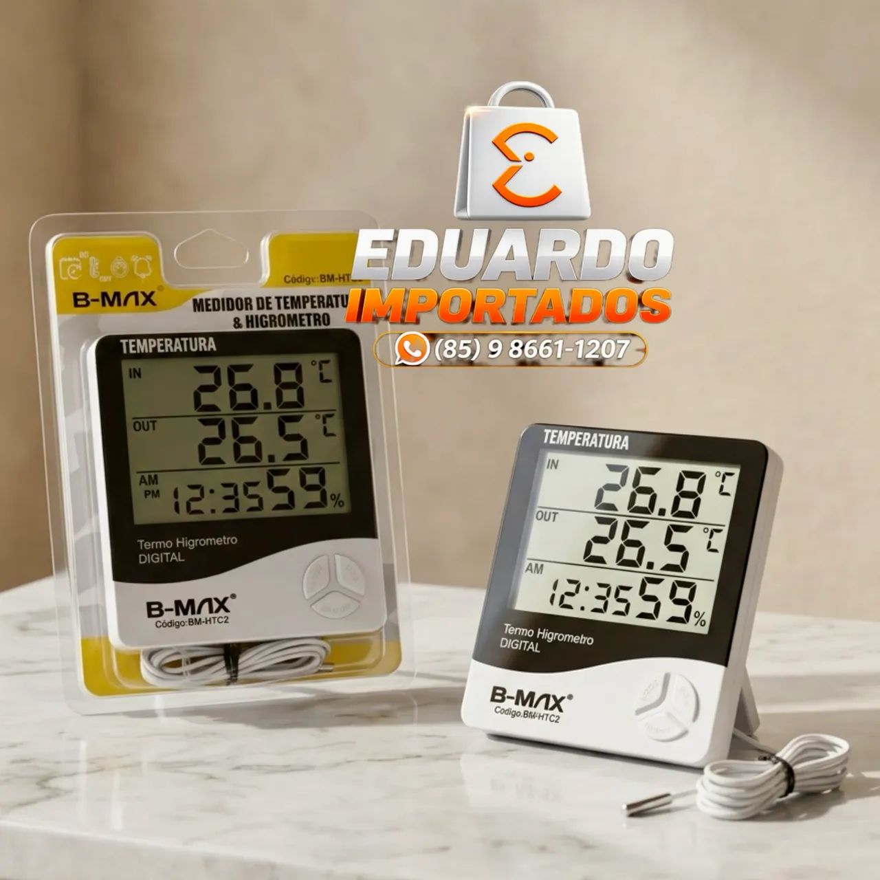 Termo Higrômetro Digital B-MAX com Sensor Externo - Medidor de Temperatura e Umidade