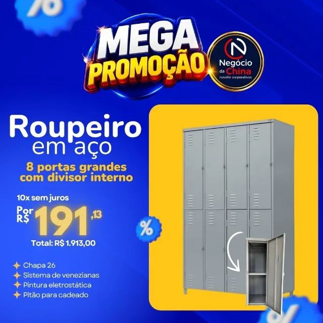 Roupeiro Locker em Aço com 8 portas grandes com divisor