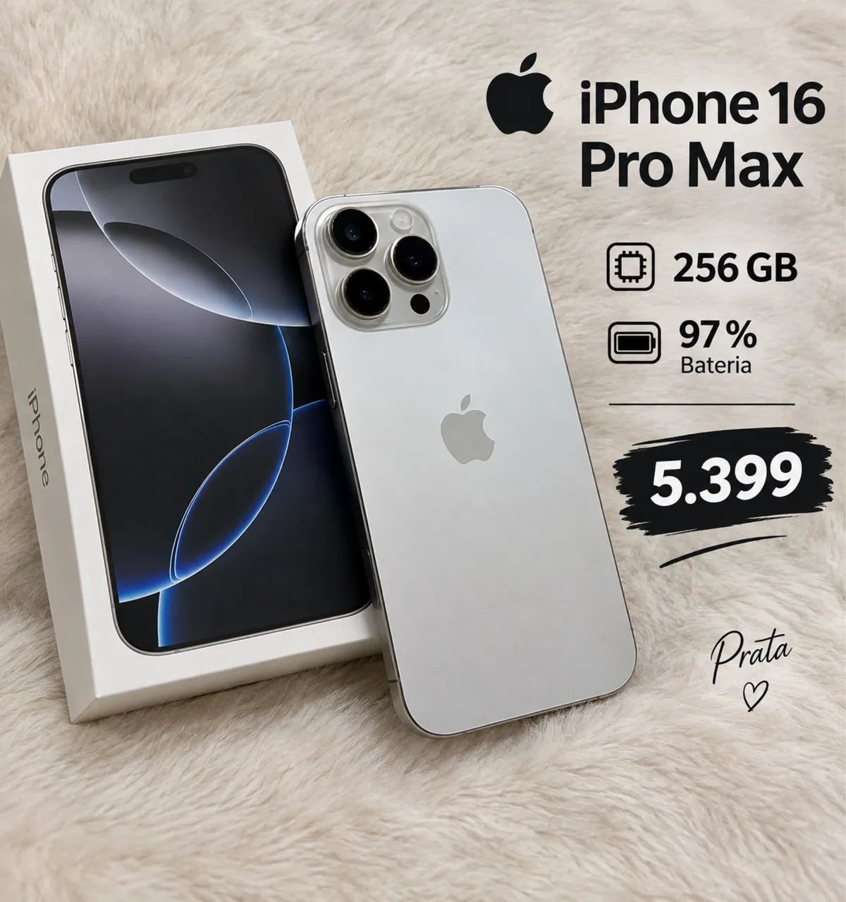 iPhone Prata 16 Pro Max 256 gb 97% Bateria 
