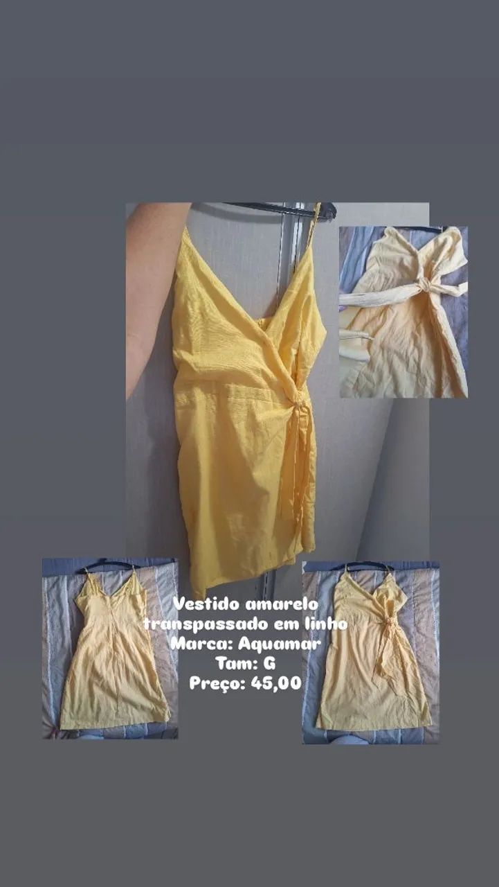Vestido amarelo transpassado em linho