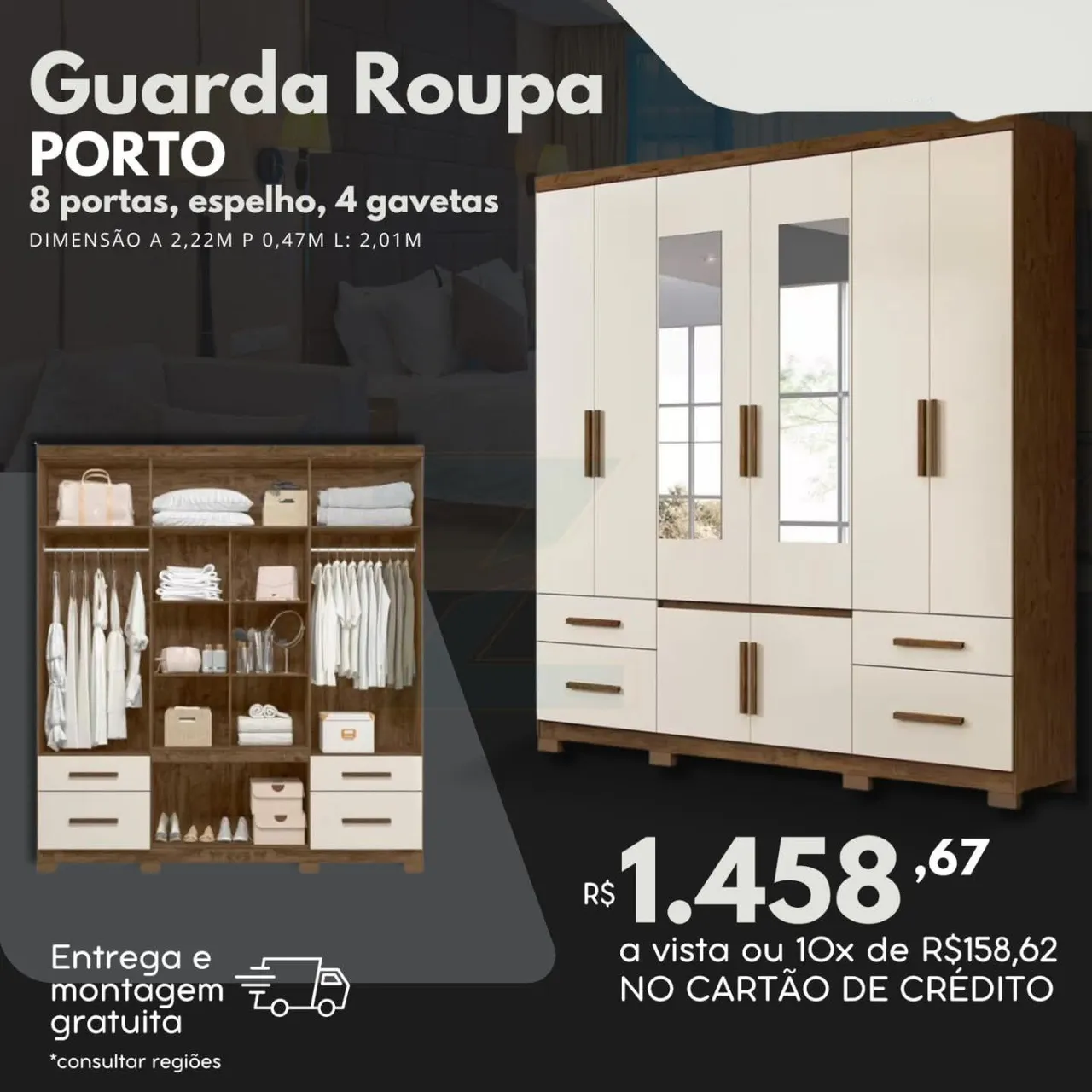 Guarda Roupa Porto 8 Portas com Espelho e Gavetas