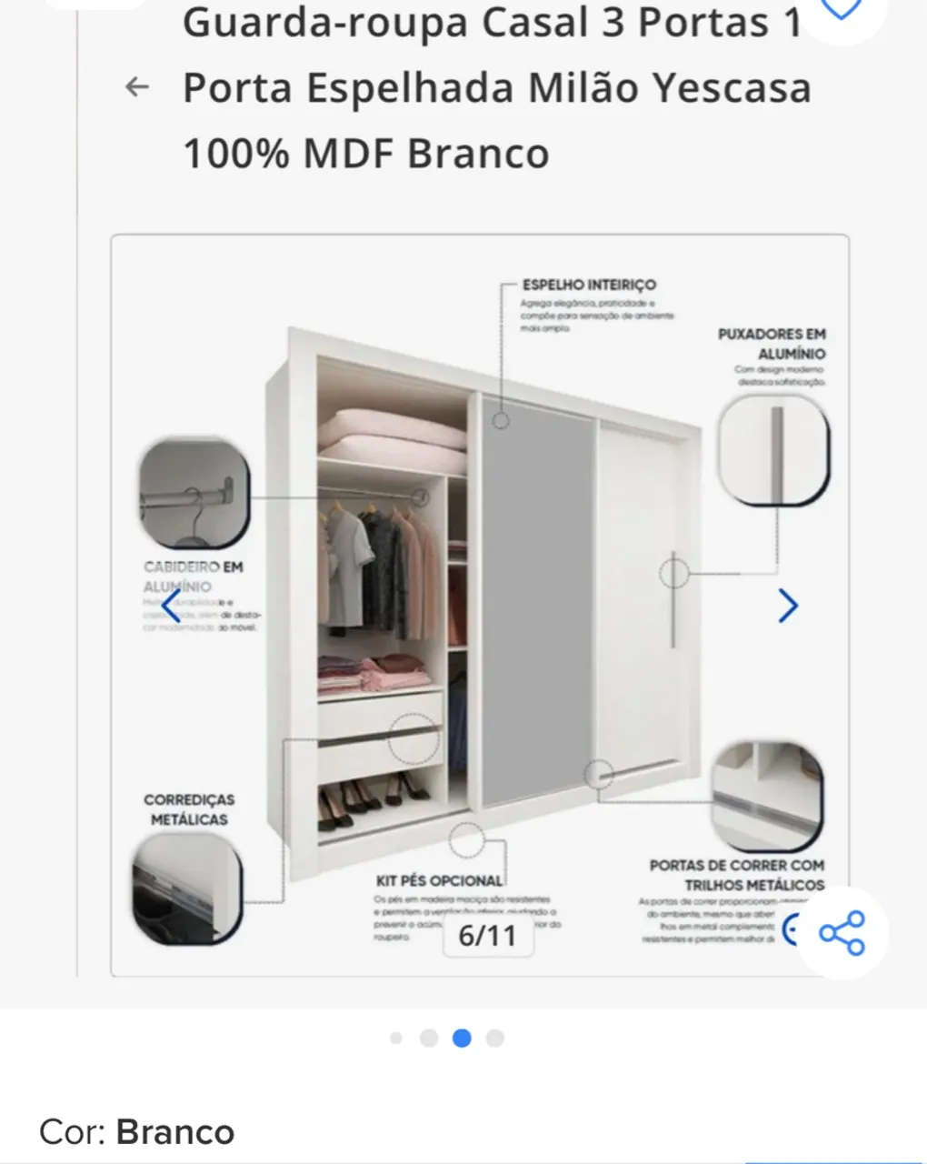 Guarda-Roupa Casal 3 Portas Espelhada Milão Yescasa Branco