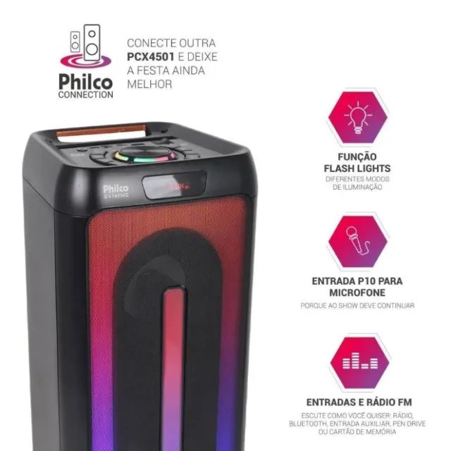 Caixa De Som Amplificada Philco 350W Flash Lights - NOVA - Foto 4