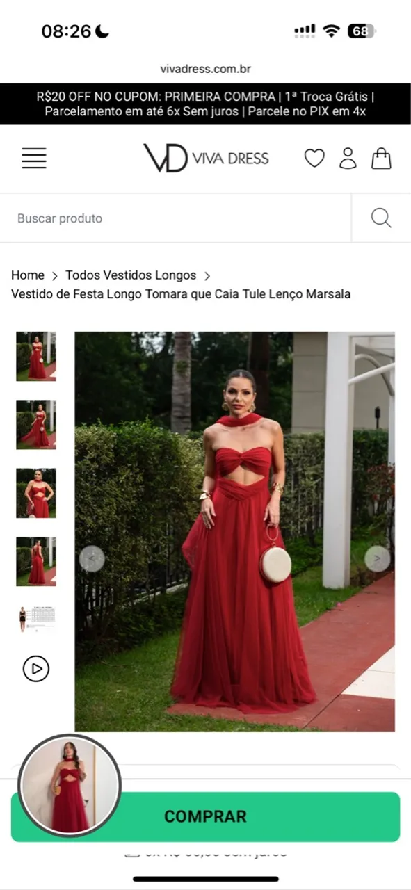 Vestido de Festa Longo Marsala Tomara que Caia Tule