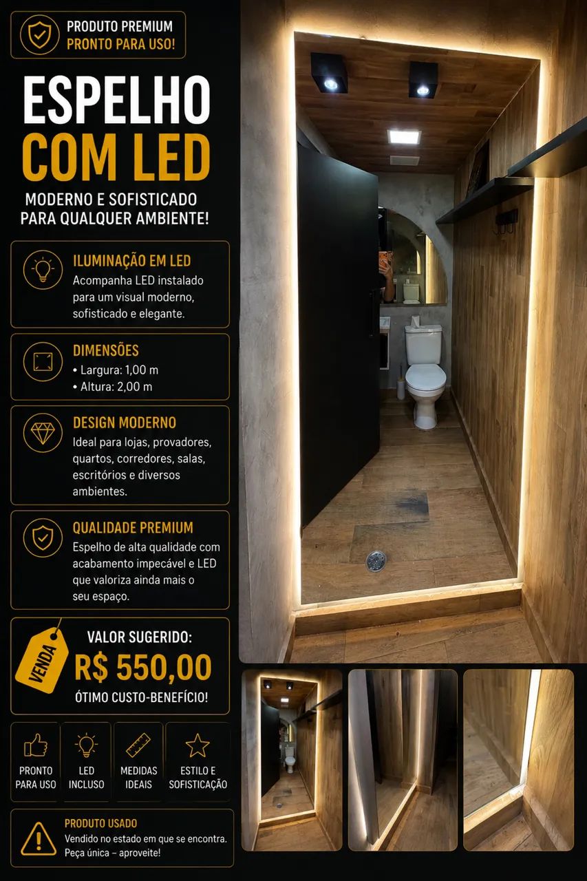 Espelho Grande com LED 1,00x2,00m Moderno e Sofisticado Seminovo