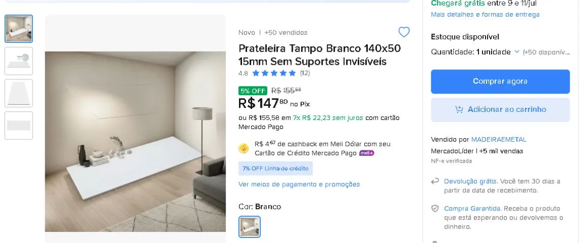 Prateleira Tampo Branco 140x50 15mm Sem Suporte - Foto 2