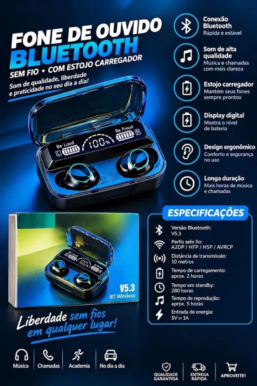 Fone de ouvido bluetooth sem fio 