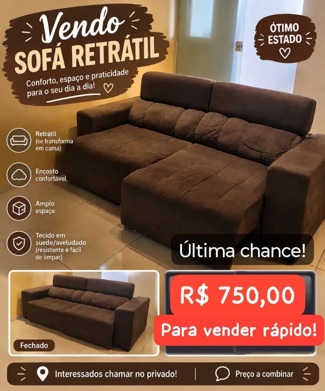 Vendo Sofá Retrátil 3 Lugares