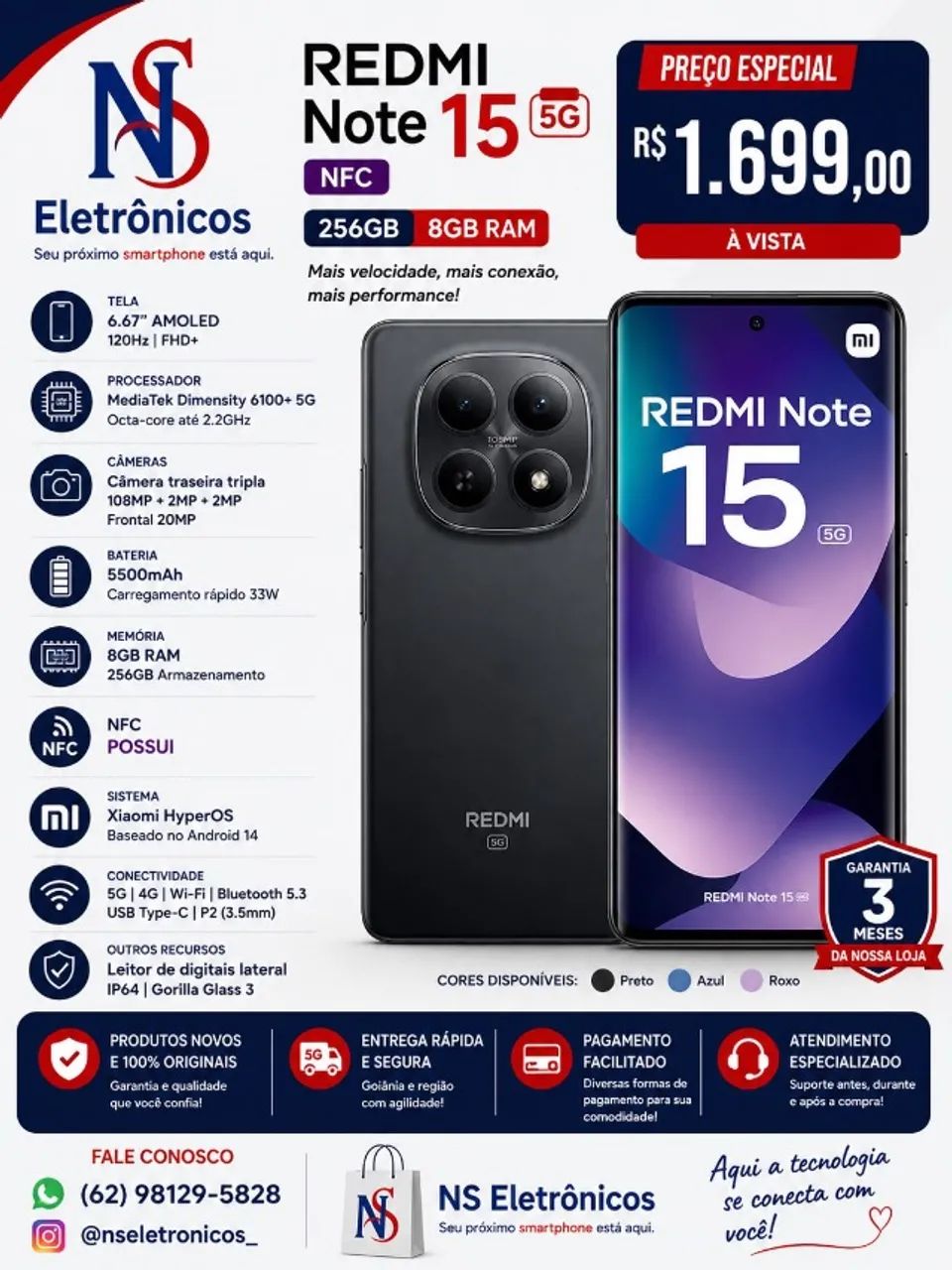 CELULAR ORIGINAL Xiaomi Note 15 5G COM NFC 256GB 