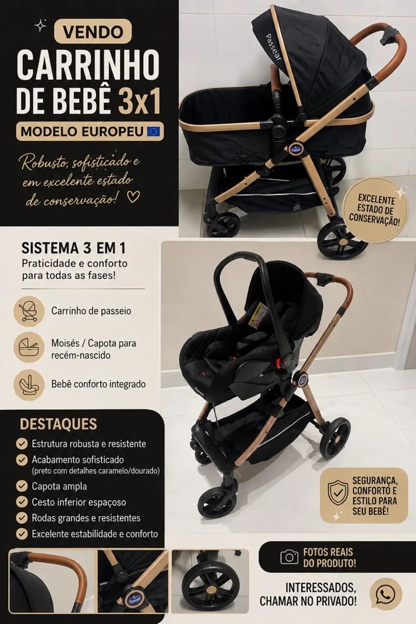 Carrinho de Bebê /3em 1 (Moisés c/-Bebe conforto integrado 