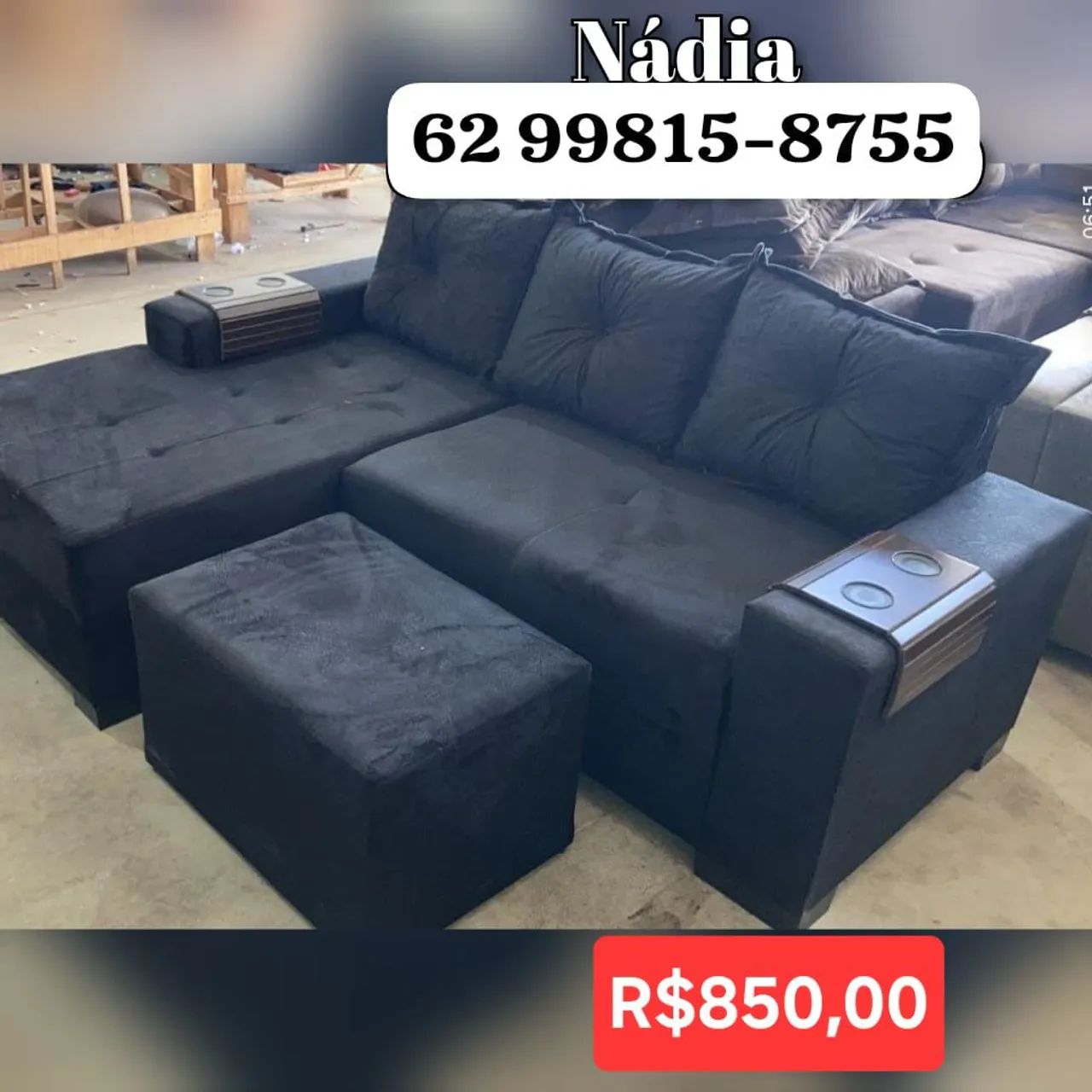 SOFÁ PRETO 3 LUGARES COM CHAISE FIXO 