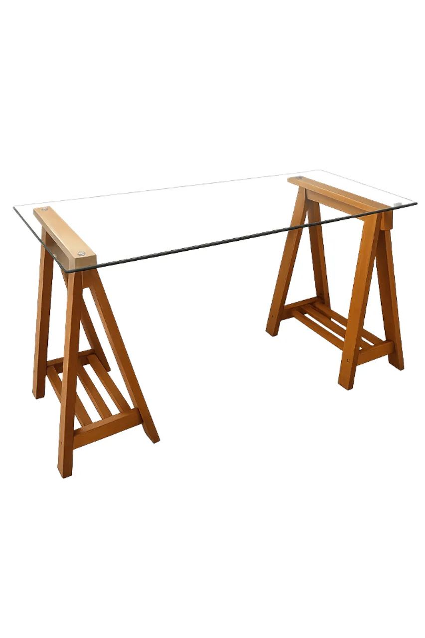 Mesa de Escritório com Tampo de Vidro Temperado e Cavaletes de Madeira