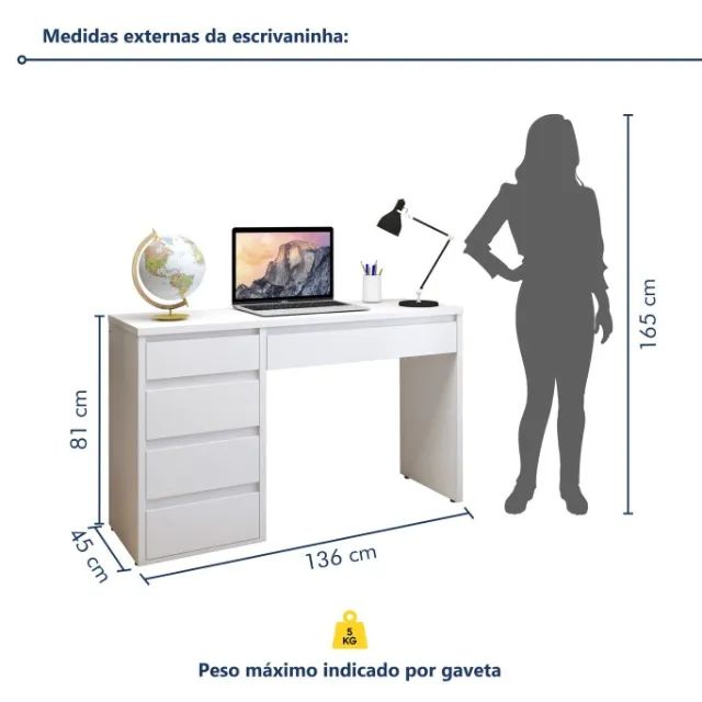 Escrivaninha Penteadeira Branca Branco Berlim 5 Gavetas