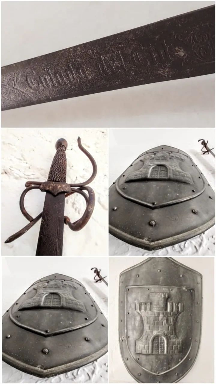 RÉPLICA DA ESPADA "COLADA DEL CID" E ESCUDO COM CASTELO HERÁLDICO- TOLEDO - ESPANHA   - Foto 2