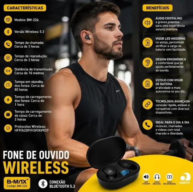 Fone de Ouvido Wireless B-MAX BM-224 Bluetooth 5.3 com Estojo e Visor LED - Foto 4