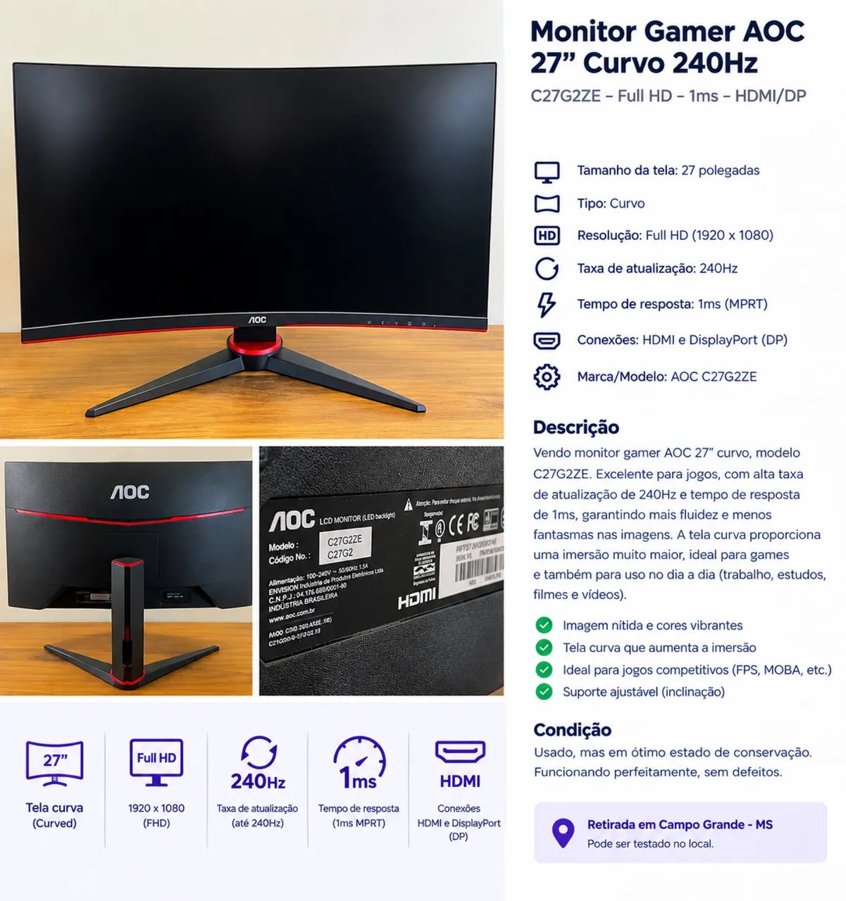 Monitor Gamer AOC 27 polegadas Curvo 240Hz - C27G2ZE