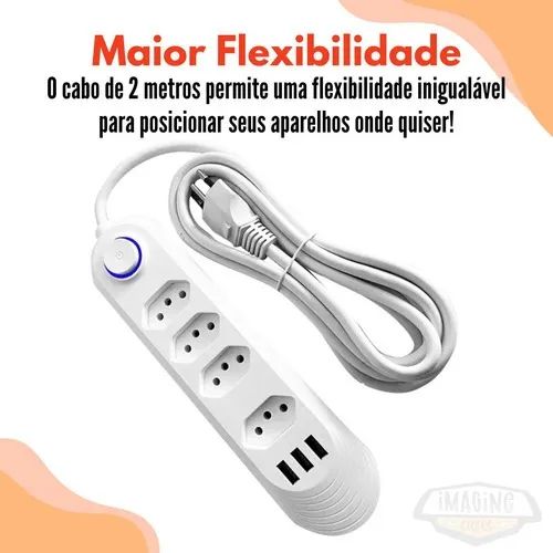 Extensão de Tomada Filtro De Linha Com 4 Tomadas E 3 Entradas Usb 2m - Bivolt