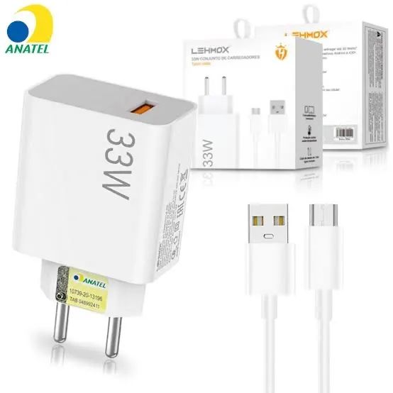 CARREGADOR DE CELULAR TURBO 33W USB COM CABO V8 e Tipo C 1 METRO LEHMOX - MICRO e Tipo C 