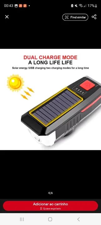 Farol de Bicicleta Recarregável Solar com Buzina - Foto 3