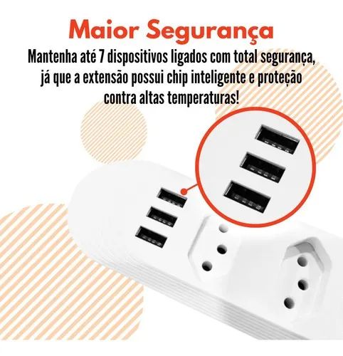 Extensão de Tomada Filtro De Linha Com 4 Tomadas E 3 Entradas Usb 2m - Bivolt - Foto 4