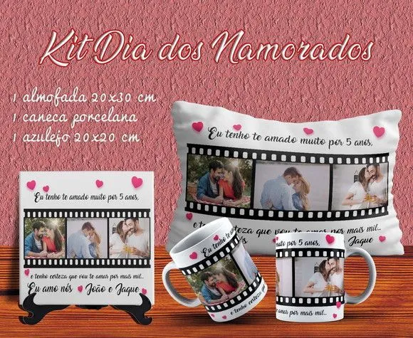 Kit Dia dos Namorados: Almofada, Caneca e Azulejo Personalizados