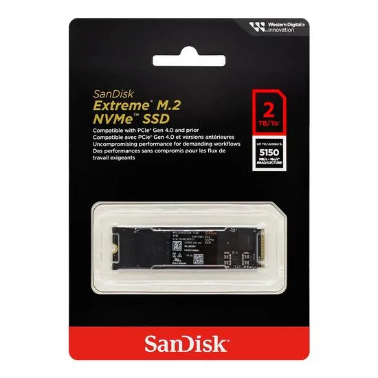 SSD 2TB Sandisk Extreme M.2 2280, PCIe NVMe, Leitura 5150 MB/s, Gravacao 4850 MB/s