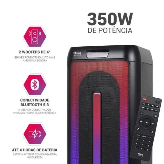 Caixa De Som Amplificada Philco 350W Flash Lights - NOVA
