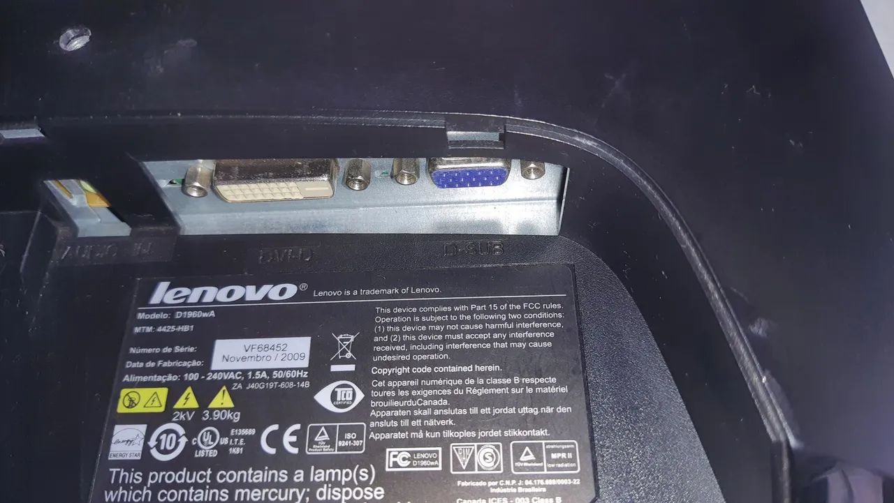 Monitor Lcd 19 Pol Lenovo D1960wa C/Defeito. Não Liga Nada. - Foto 5