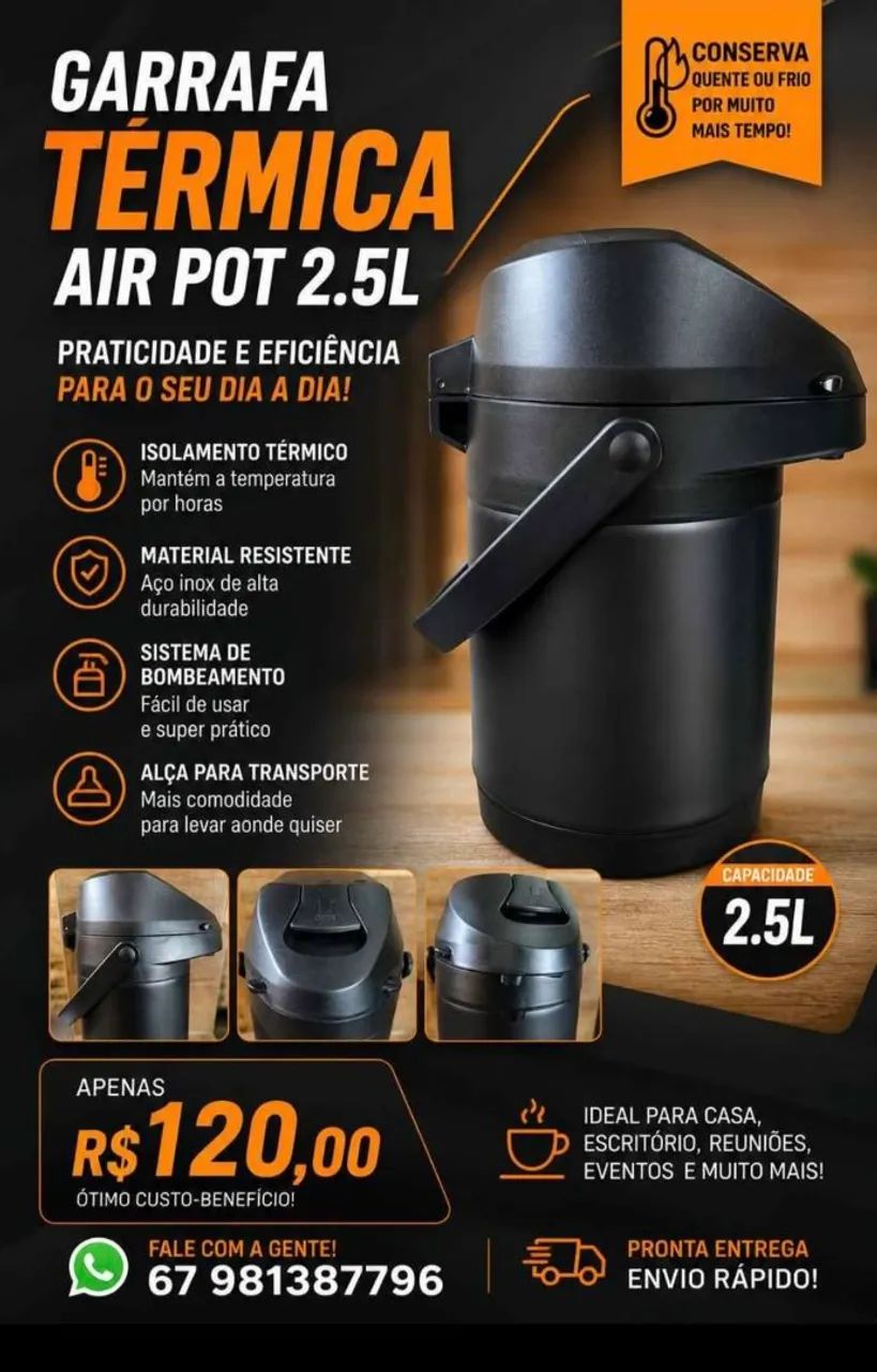 Garrafa térmica preto fosco 2,5 litros 