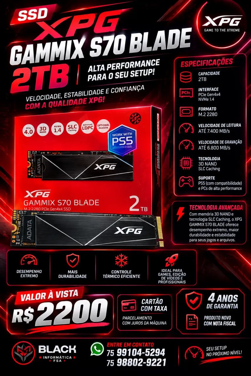 SSD XPG GAMMIX S70 BLADE 2TB ? PCIe 4.0 - 4 anos de garantia