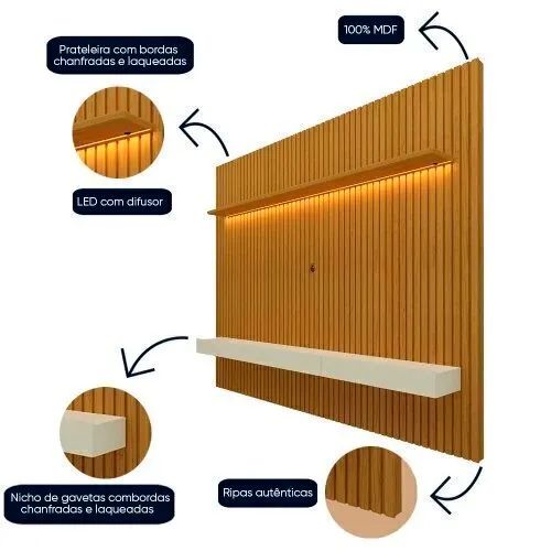 PAINEL PARA TV ATÉ 90 POLEGADAS 229X250CM RIPADO COM LED ? 3 GAVETAS 100% MDF Gelius - Foto 5