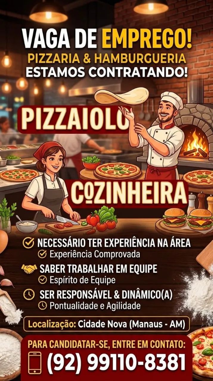 Vaga de emprego: Cozinheira e Pizzaiolo