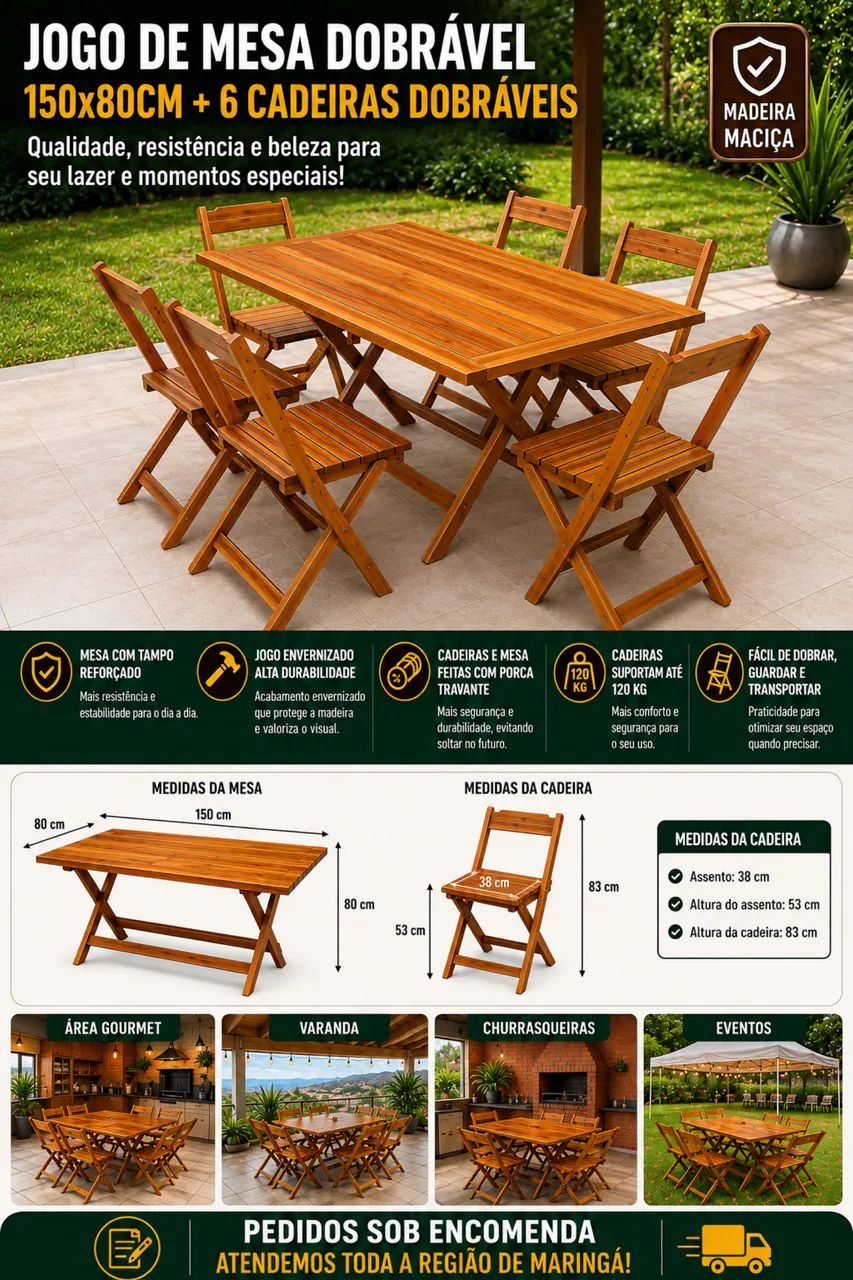Jogo de mesa dobrável 150x80