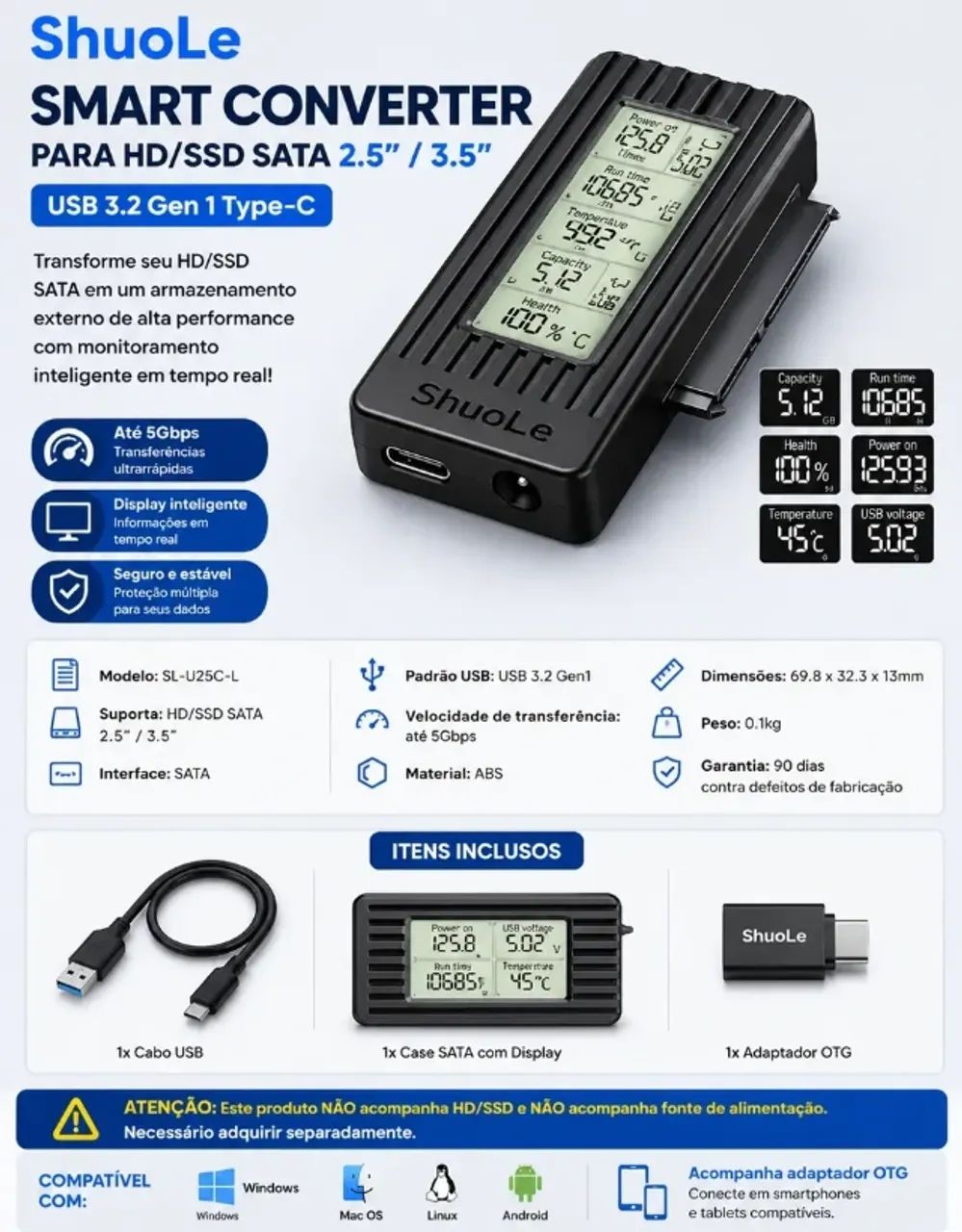 Transforme seu SSD ou HD em Disco Externo - Case Hd/ssd Sata Externo Com Display Digital443790333932349444
